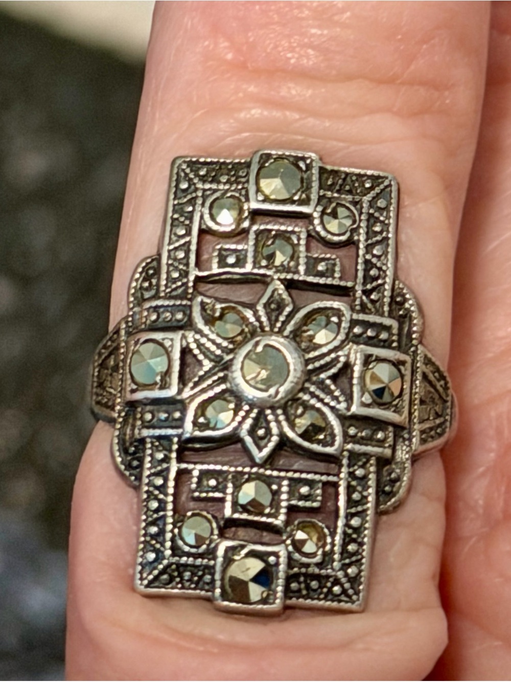 Art Deco Silver & Marcasite Ring Sz 4